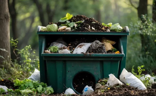 composting-bin-filled-organic-materials-forest-setting-climate-action-sits-surrounded-trees-overflowing-waste-369567067